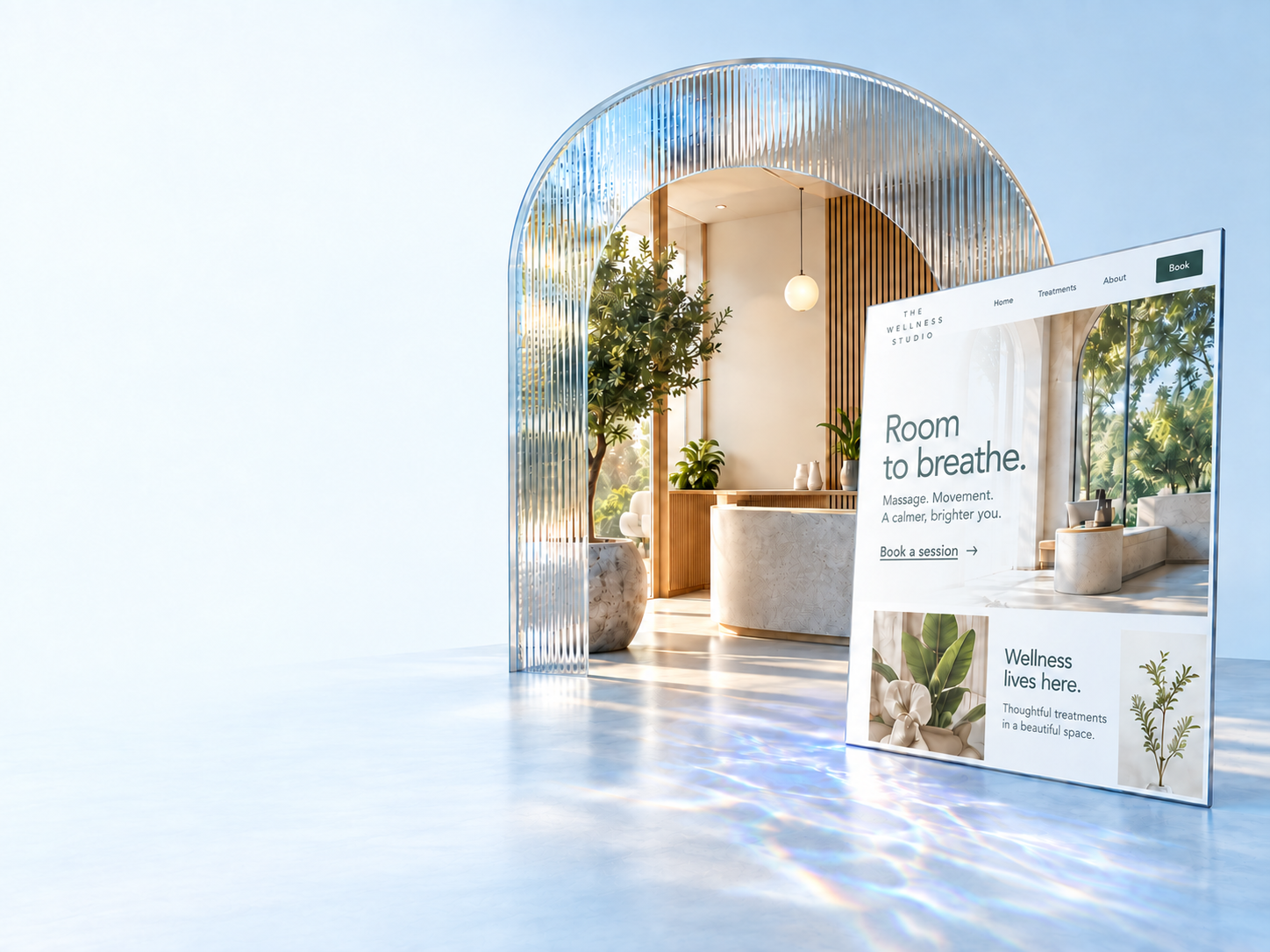 A rippled-glass arch reveals a warm wellness space, beside a website inspired by the same interior.