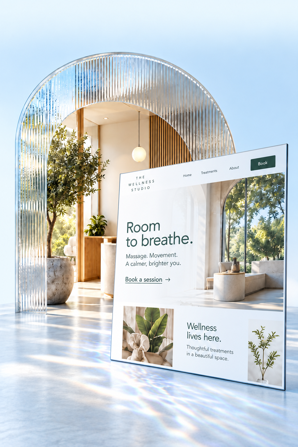 Wellness concept: an airy studio and its light, editorial website, framed by textured glass.